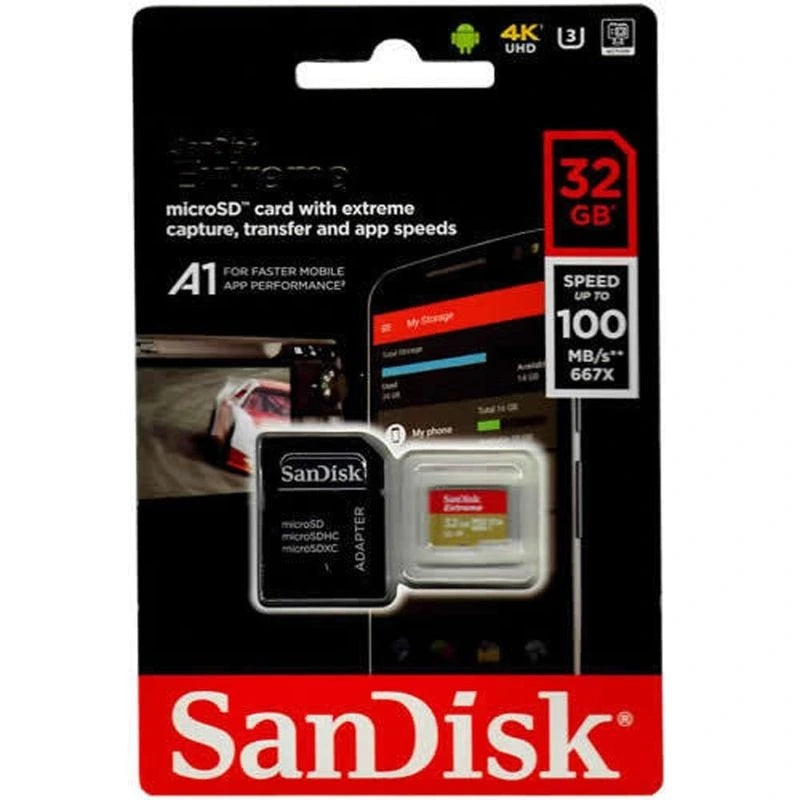 Memoria MicroSD 32GB Sandisk Extreme U3 V30 4K Lectura 100MB/s Escritura 60MB/s