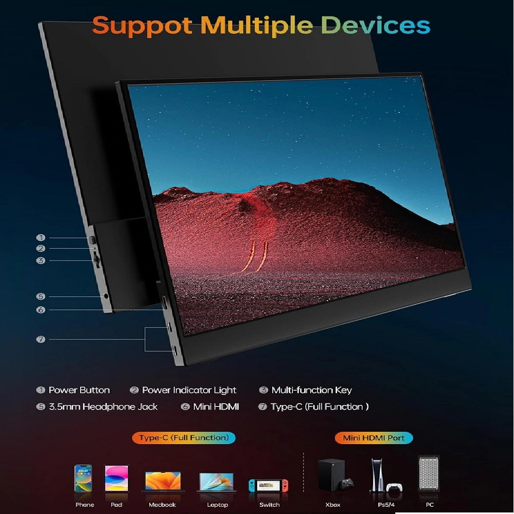 Monitor Portátil Vilva 15,6" FHD 1080P IPS con USB-C HDMI Cubierta y Altavoces Negro