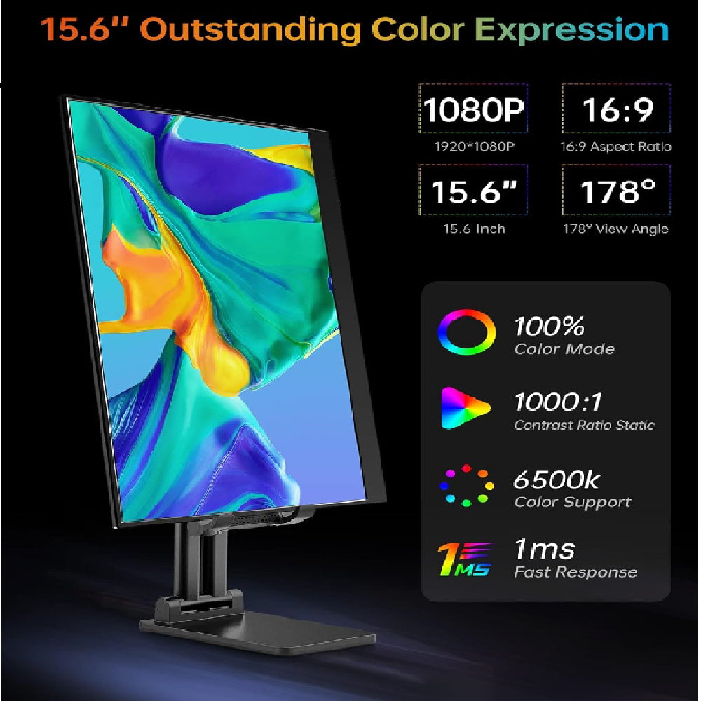 Monitor Portátil Vilva 15,6" FHD 1080P IPS con USB-C HDMI Cubierta y Altavoces Negro